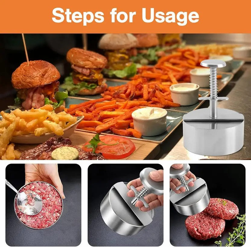 Stainless Steel Adjustable Burger Press Patty Maker (3.1″ & 4″) – Non-Stick Hamburger Mold for BBQ & Grill - Round Kabab Mold