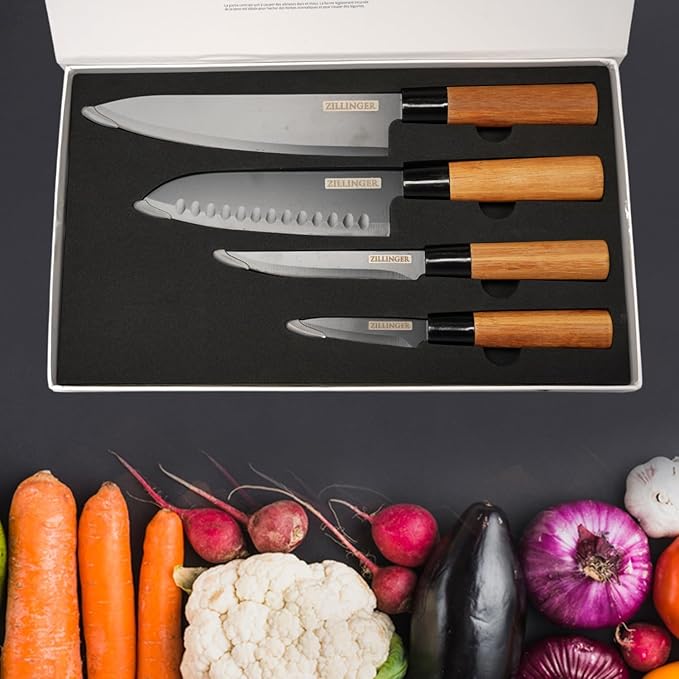 ZILLINGER Brand Japanese Knives High Quality Set 4 Piece with Pure Wooden handle - Imported Knife Set - Sharp Japanese Knives