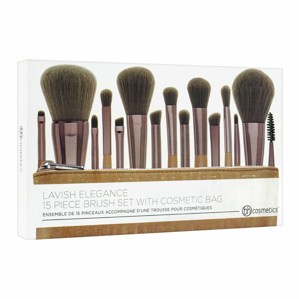 BH Cosmetics Lavish Elegance 15 Piece Makeup Brush Set with Cosmetic Bag – Professional Face & Eye Brush Collection
