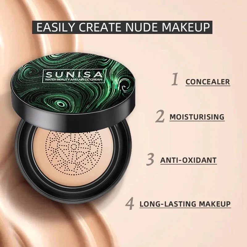 SUNISA Mushroom Head Air Cushion BB CC Cream – Waterproof Foundation Base with Sponge