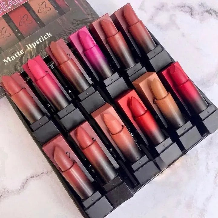 HUDA Pack of 12 Matte Lipsticks Set – Long Lasting Waterproof Velvet Matte Lipstick Collection for Women & Girls