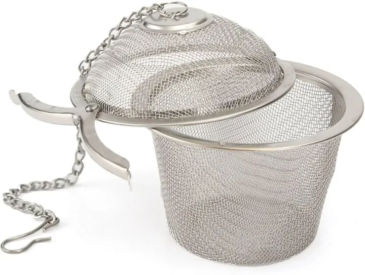Chained Lid Spice Seasoning Bag Mesh Ball Shape Tea Filter Basket Infuser Tea Strainer Stainless Steel Kitchen Tools, Net Mesh Style Easy Loose Leaves Green Tea Filter Pot Infuser Strainer, Available in 3 Sizes (Large, Medium, Small)