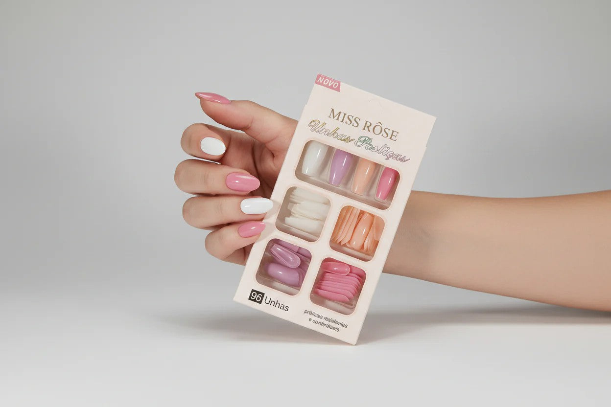 Miss Rose 4 Color Stick-On Nails Set — 96-Piece Reusable Press-On Artificial Nails