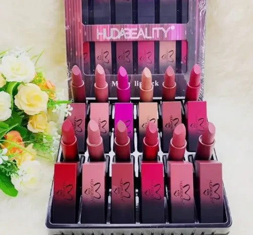 HUDA Pack of 12 Matte Lipsticks Set – Long Lasting Waterproof Velvet Matte Lipstick Collection for Women & Girls