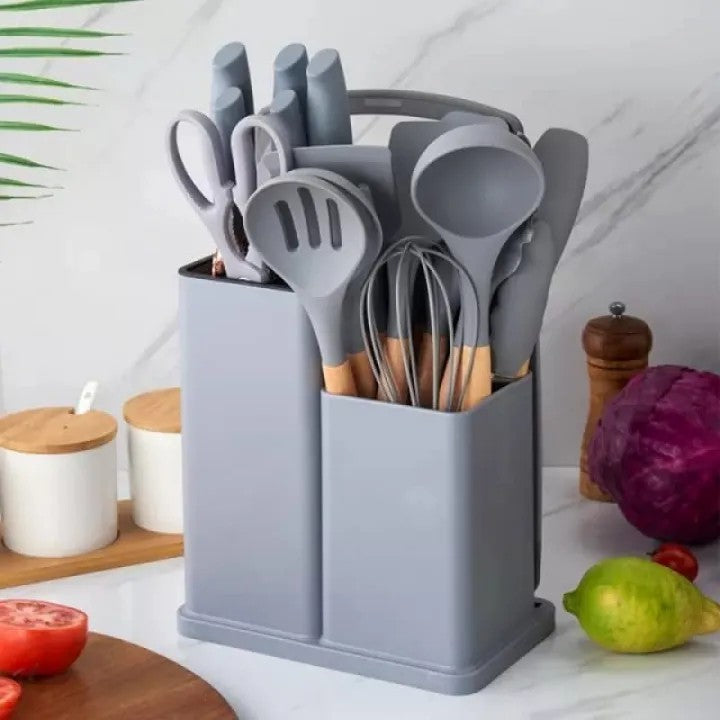 19Pcs Heat Resistant Silicone Kitchenware Cooking Utensils and Knife Set with Cutting Board and Tools Storage Box