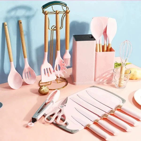 19Pcs Heat Resistant Silicone Kitchenware Cooking Utensils and Knife Set with Cutting Board and Tools Storage Box