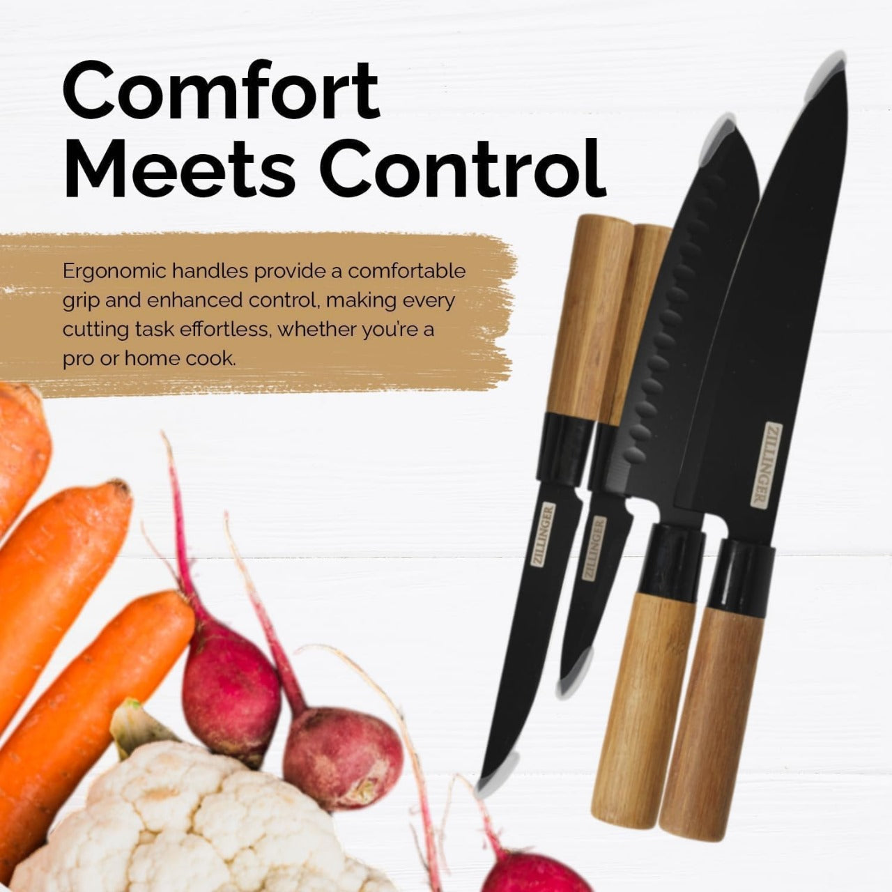 ZILLINGER Brand Japanese Knives High Quality Set 4 Piece with Pure Wooden handle - Imported Knife Set - Sharp Japanese Knives