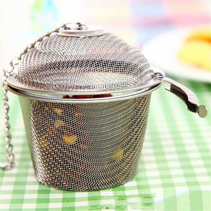 Chained Lid Spice Seasoning Bag Mesh Ball Shape Tea Filter Basket Infuser Tea Strainer Stainless Steel Kitchen Tools, Net Mesh Style Easy Loose Leaves Green Tea Filter Pot Infuser Strainer, Available in 3 Sizes (Large, Medium, Small)