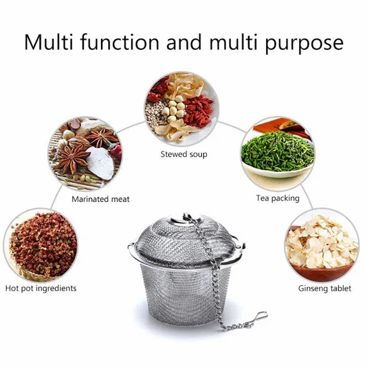Chained Lid Spice Seasoning Bag Mesh Ball Shape Tea Filter Basket Infuser Tea Strainer Stainless Steel Kitchen Tools, Net Mesh Style Easy Loose Leaves Green Tea Filter Pot Infuser Strainer, Available in 3 Sizes (Large, Medium, Small)