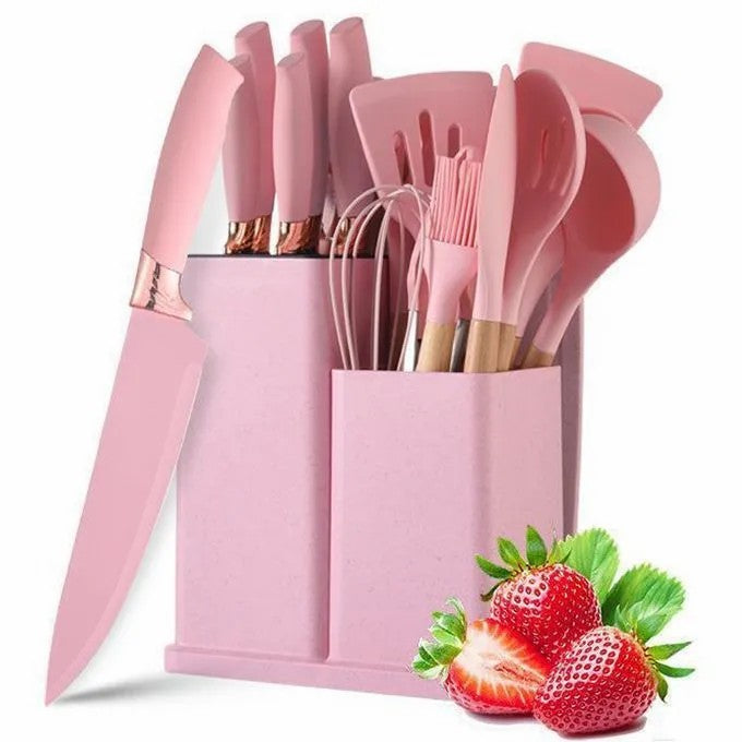 19Pcs Heat Resistant Silicone Kitchenware Cooking Utensils and Knife Set with Cutting Board and Tools Storage Box