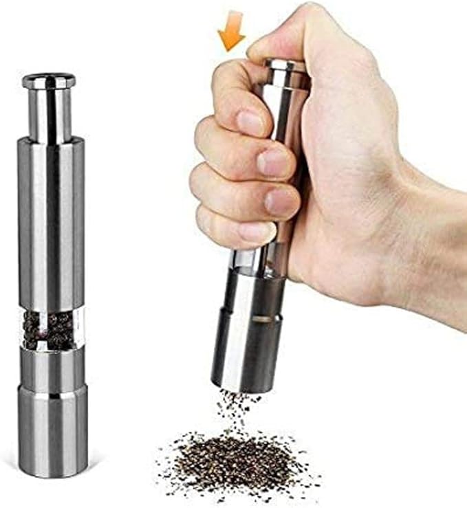 Kitchen Mini Pepper Grinder Crusher Mill Stainless Steel Hand Thumb Press Set Machine with Stylish Design for Grinding Salt and Black Pepper Traditional Pepper Mill, Burr Mill (Silver Pack of 1)