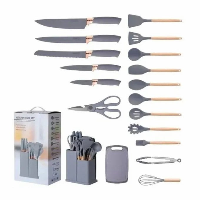 19Pcs Heat Resistant Silicone Kitchenware Cooking Utensils and Knife Set with Cutting Board and Tools Storage Box