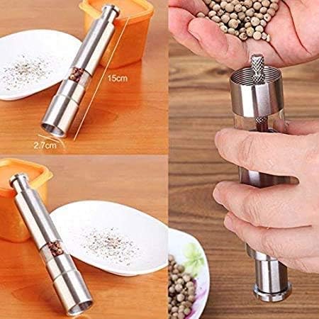 Kitchen Mini Pepper Grinder Crusher Mill Stainless Steel Hand Thumb Press Set Machine with Stylish Design for Grinding Salt and Black Pepper Traditional Pepper Mill, Burr Mill (Silver Pack of 1)