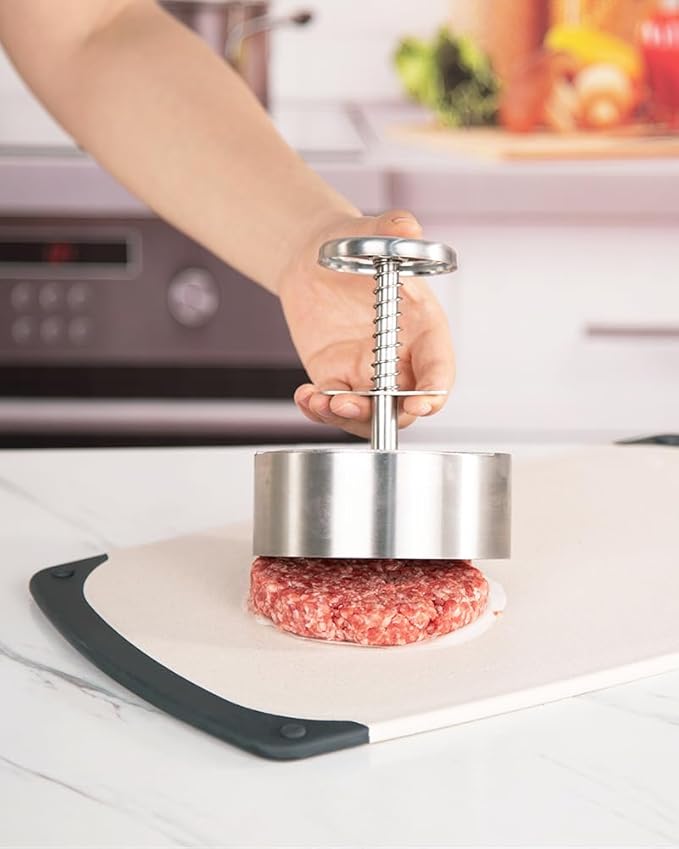 Stainless Steel Adjustable Burger Press Patty Maker (3.1″ & 4″) – Non-Stick Hamburger Mold for BBQ & Grill - Round Kabab Mold