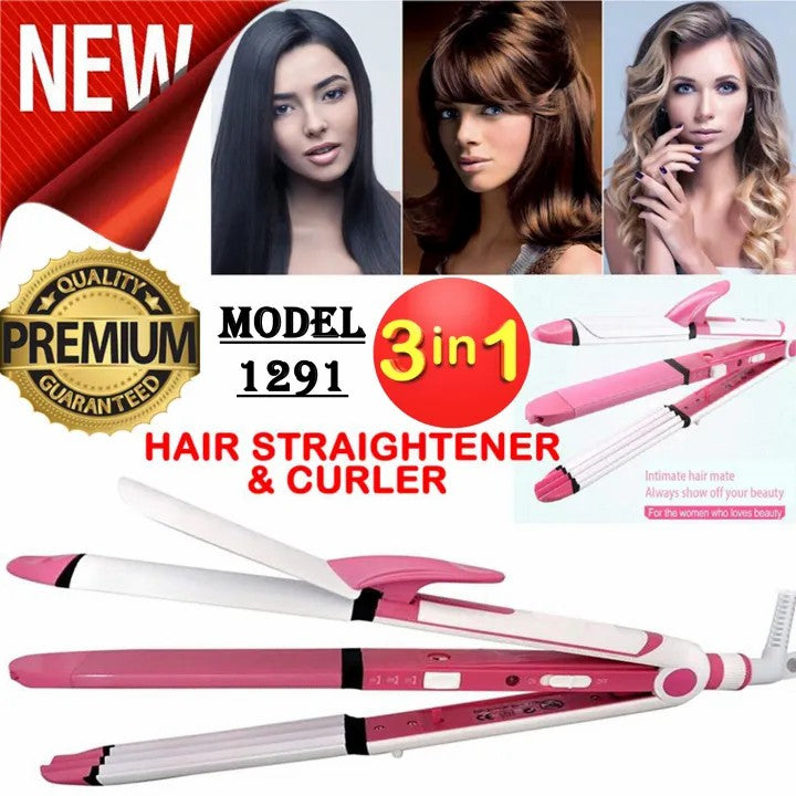 Original 3 in 1 Kemei KM-1291 Professional Hair Straightener, Curler & Crimper – 30 Sec Fast Heating Styler