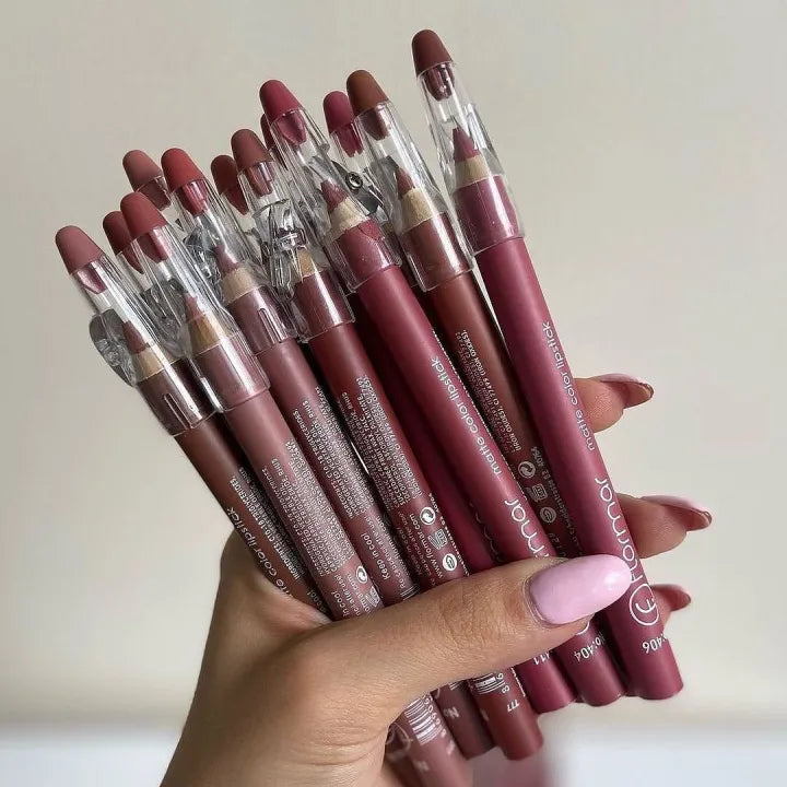 Matte Waterproof Lip Liner Pencil Set – Pack of 12 Nude & Dark Shades | Long-Lasting, Highly Pigmented Lip Definition Kit