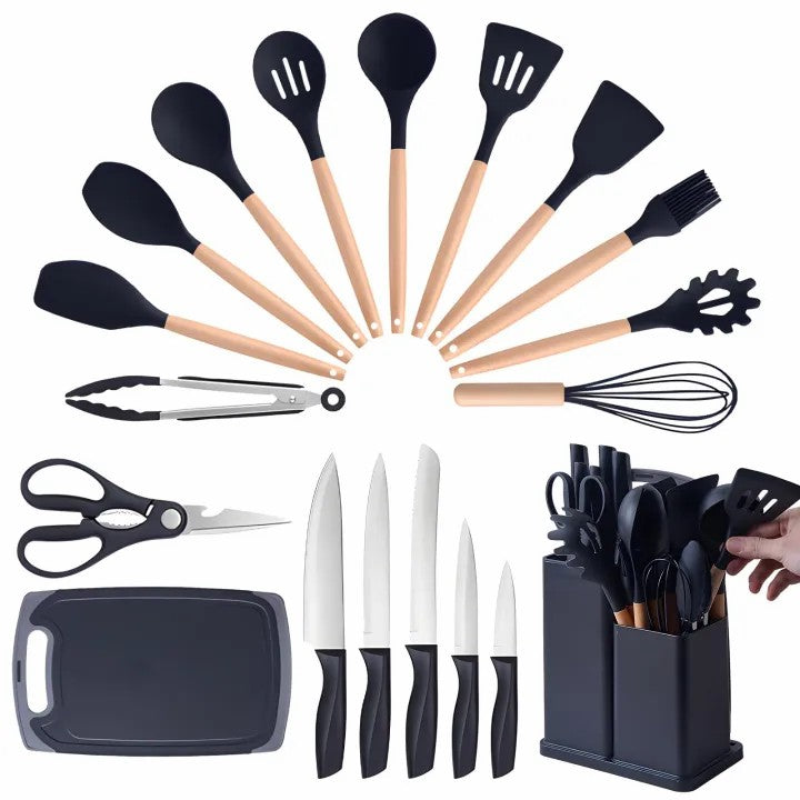 19Pcs Heat Resistant Silicone Kitchenware Cooking Utensils and Knife Set with Cutting Board and Tools Storage Box