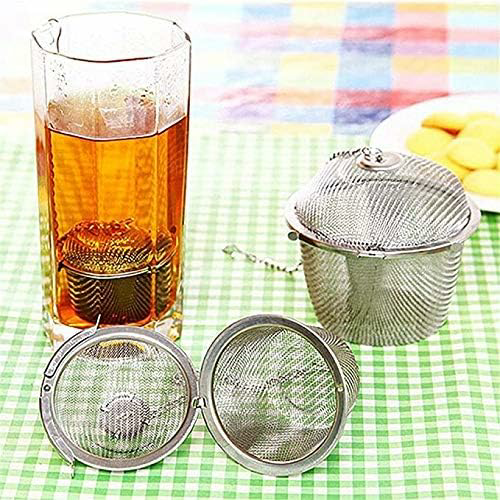Chained Lid Spice Seasoning Bag Mesh Ball Shape Tea Filter Basket Infuser Tea Strainer Stainless Steel Kitchen Tools, Net Mesh Style Easy Loose Leaves Green Tea Filter Pot Infuser Strainer, Available in 3 Sizes (Large, Medium, Small)