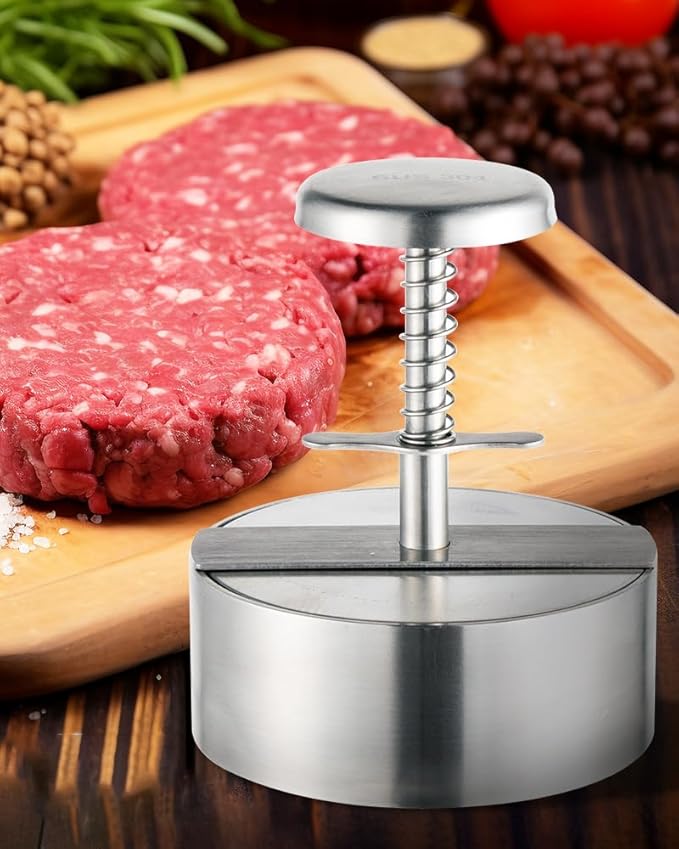 Stainless Steel Adjustable Burger Press Patty Maker (3.1″ & 4″) – Non-Stick Hamburger Mold for BBQ & Grill - Round Kabab Mold