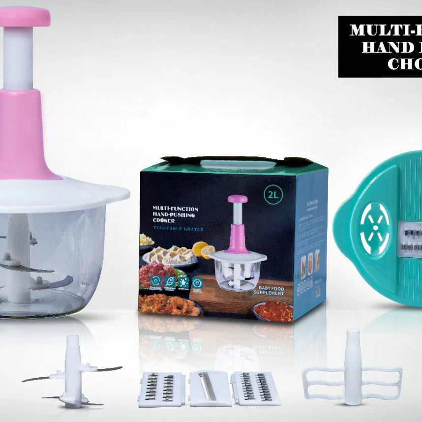 Multi-Function Hand Push Cooker Chopper – 4 Blades, Beater, Shredder & Grater
