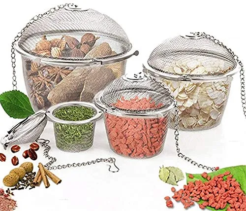 Chained Lid Spice Seasoning Bag Mesh Ball Shape Tea Filter Basket Infuser Tea Strainer Stainless Steel Kitchen Tools, Net Mesh Style Easy Loose Leaves Green Tea Filter Pot Infuser Strainer, Available in 3 Sizes (Large, Medium, Small)