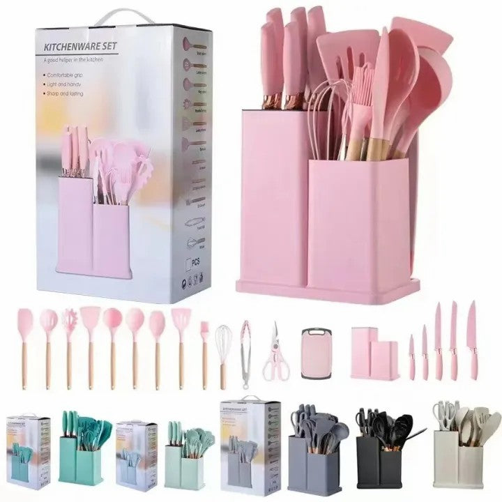 19Pcs Heat Resistant Silicone Kitchenware Cooking Utensils and Knife Set with Cutting Board and Tools Storage Box