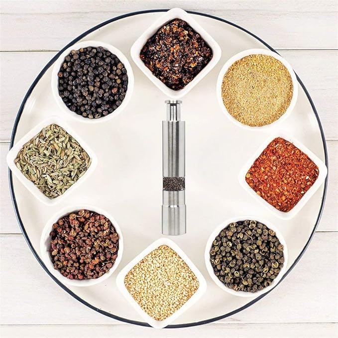 Kitchen Mini Pepper Grinder Crusher Mill Stainless Steel Hand Thumb Press Set Machine with Stylish Design for Grinding Salt and Black Pepper Traditional Pepper Mill, Burr Mill (Silver Pack of 1)