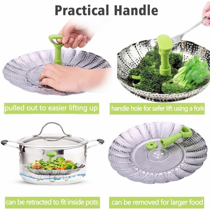 Steamers for Cooking Stainless Steel Vegetable Steamer Basket, Folding Steamer Insert Fits Various Size Pot and InstaPot Pressure Cooker, with Anti-hot Extendable Handle