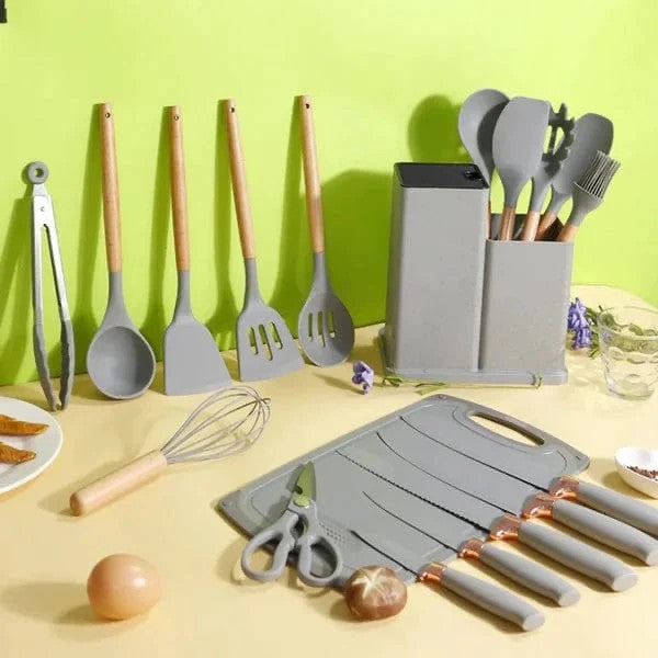 19Pcs Heat Resistant Silicone Kitchenware Cooking Utensils and Knife Set with Cutting Board and Tools Storage Box