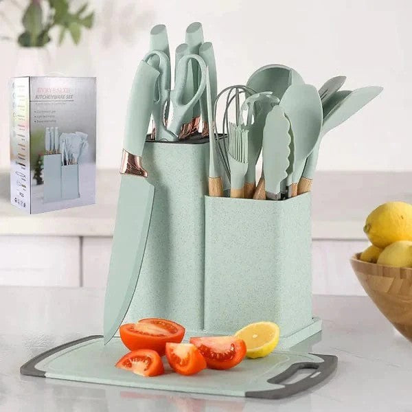 19Pcs Heat Resistant Silicone Kitchenware Cooking Utensils and Knife Set with Cutting Board and Tools Storage Box