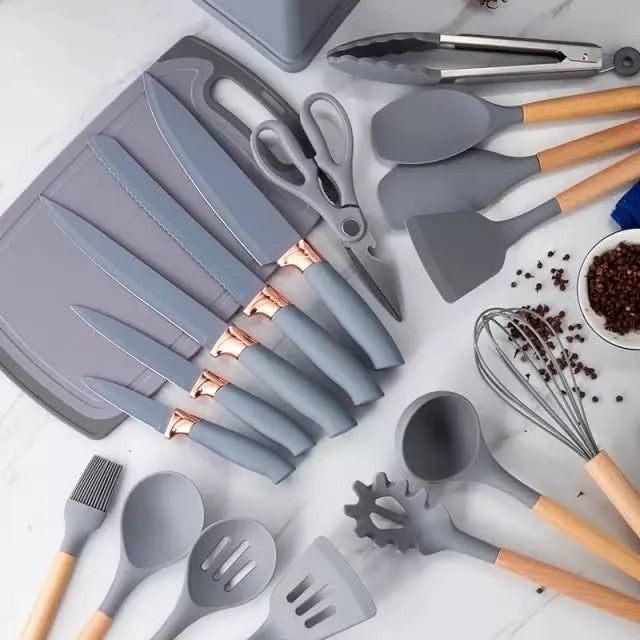 19Pcs Heat Resistant Silicone Kitchenware Cooking Utensils and Knife Set with Cutting Board and Tools Storage Box