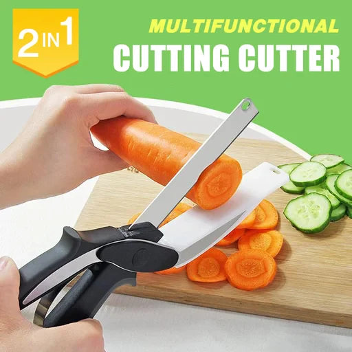 Kitchen Clever & Smart Cutter, 2 in 1 Utility Scissor, Pro Hand Held Knife Chopper, Multifunctional Kitchen Scissors knife, Salad Chopper with Built In Cutting Board, Kitchen Knife with Cutting Board