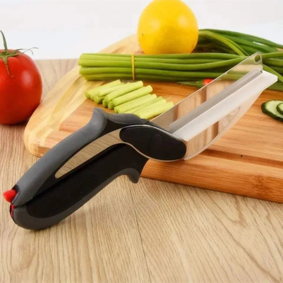 Kitchen Clever & Smart Cutter, 2 in 1 Utility Scissor, Pro Hand Held Knife Chopper, Multifunctional Kitchen Scissors knife, Salad Chopper with Built In Cutting Board, Kitchen Knife with Cutting Board