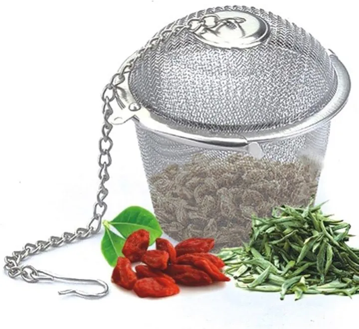 Chained Lid Spice Seasoning Bag Mesh Ball Shape Tea Filter Basket Infuser Tea Strainer Stainless Steel Kitchen Tools, Net Mesh Style Easy Loose Leaves Green Tea Filter Pot Infuser Strainer, Available in 3 Sizes (Large, Medium, Small)