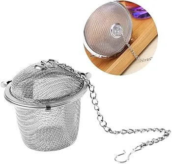 Chained Lid Spice Seasoning Bag Mesh Ball Shape Tea Filter Basket Infuser Tea Strainer Stainless Steel Kitchen Tools, Net Mesh Style Easy Loose Leaves Green Tea Filter Pot Infuser Strainer, Available in 3 Sizes (Large, Medium, Small)