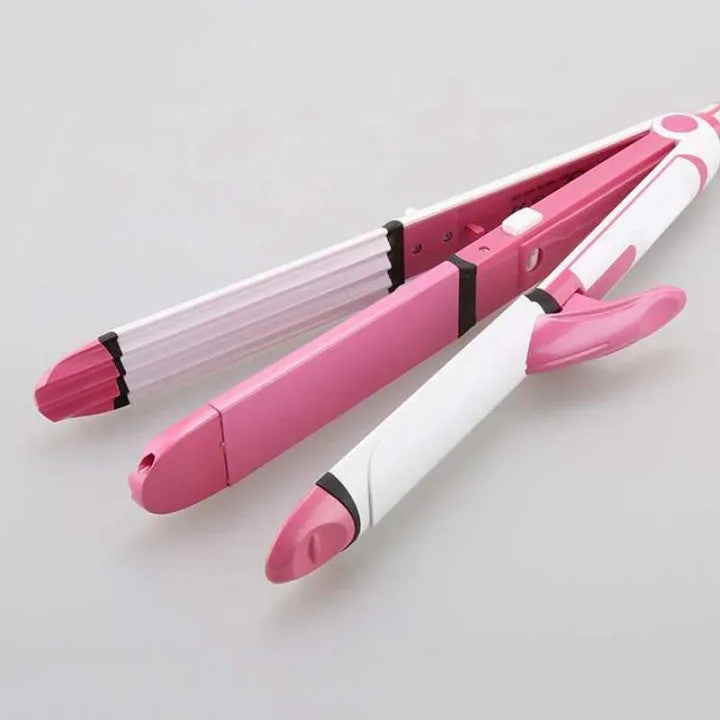 Original 3 in 1 Kemei KM-1291 Professional Hair Straightener, Curler & Crimper – 30 Sec Fast Heating Styler