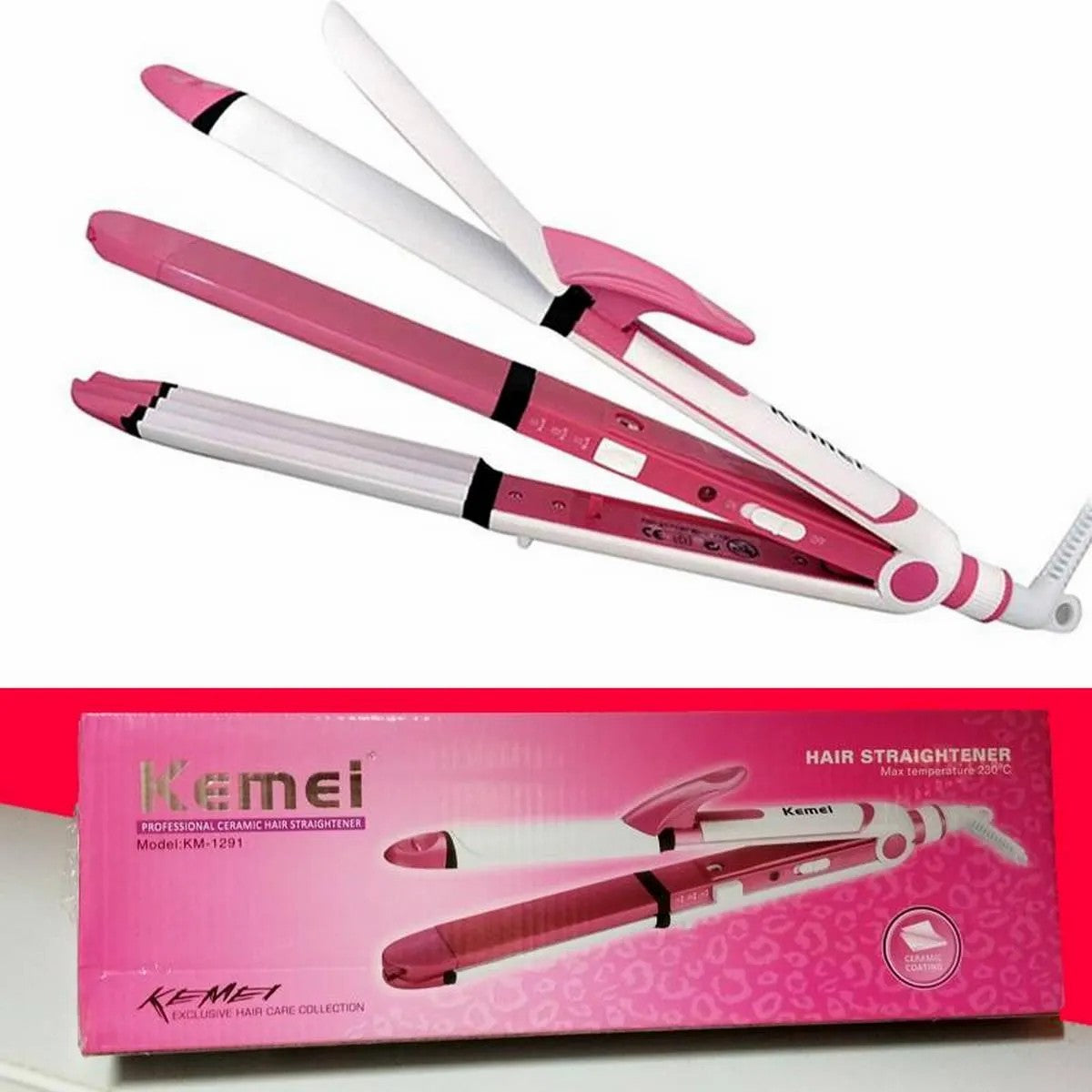 Original 3 in 1 Kemei KM-1291 Professional Hair Straightener, Curler & Crimper – 30 Sec Fast Heating Styler