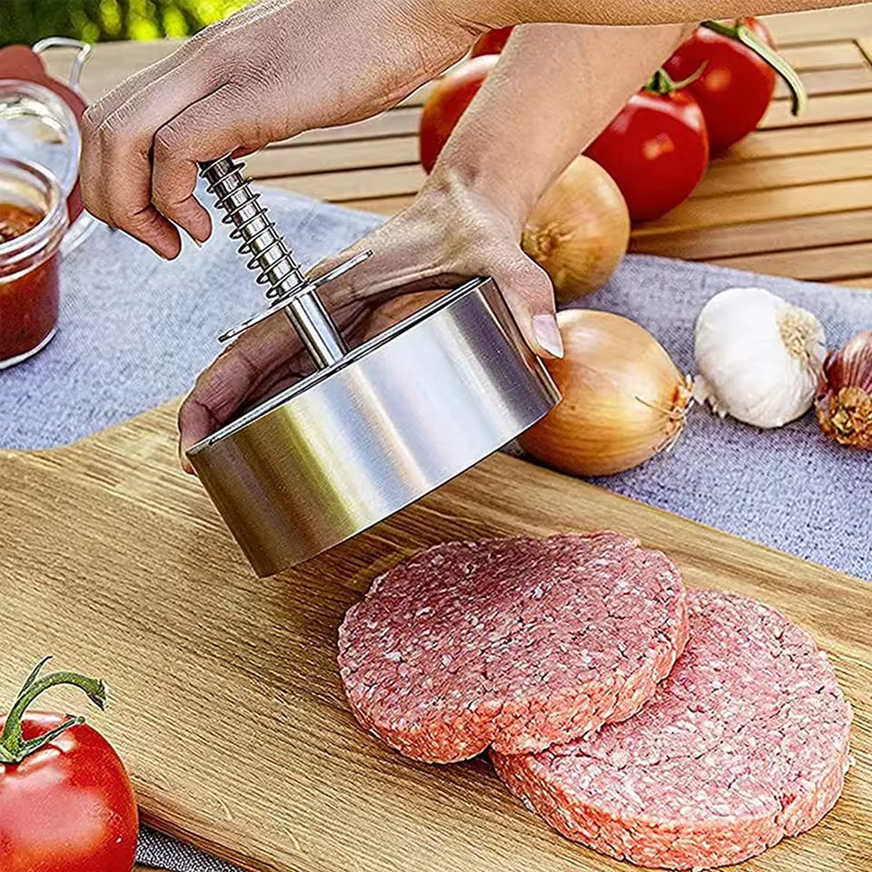 Stainless Steel Adjustable Burger Press Patty Maker (3.1″ & 4″) – Non-Stick Hamburger Mold for BBQ & Grill - Round Kabab Mold