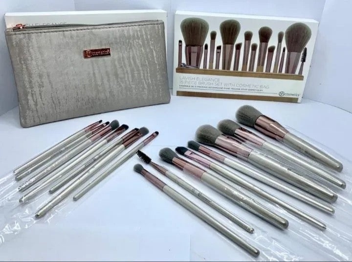 BH Cosmetics Lavish Elegance 15 Piece Makeup Brush Set with Cosmetic Bag – Professional Face & Eye Brush Collection