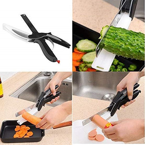 Kitchen Clever & Smart Cutter, 2 in 1 Utility Scissor, Pro Hand Held Knife Chopper, Multifunctional Kitchen Scissors knife, Salad Chopper with Built In Cutting Board, Kitchen Knife with Cutting Board