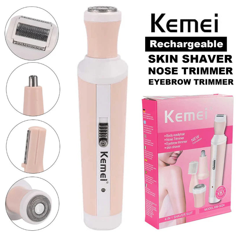 4-in-1 Rechargeable Hair Remover Shaver for Women - Women's Epilator - Kemei KM-3024 - Electric Epilator & Shaver Suit for Women - Hair removal device for girls