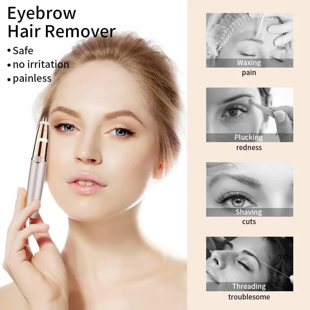Eyebrow Trimmer for Women Rechargeable: Women Eyebrow Hair Remover with LED Light, Safe Painless Eyebrow Epilator Pen, Lady Eyebrow Shaper Electric Eyebrow Shaver
