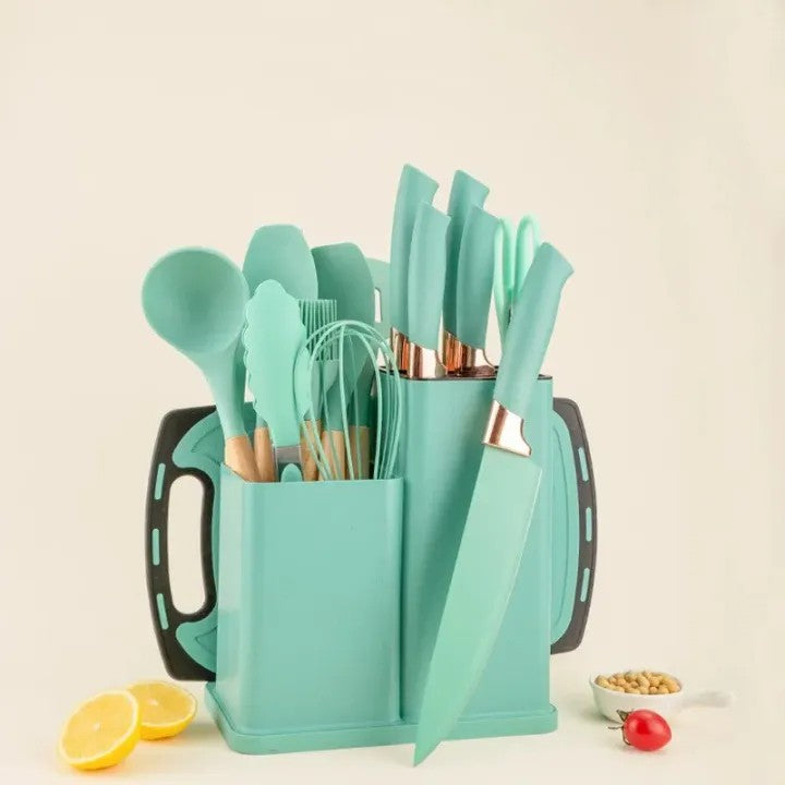 19Pcs Heat Resistant Silicone Kitchenware Cooking Utensils and Knife Set with Cutting Board and Tools Storage Box