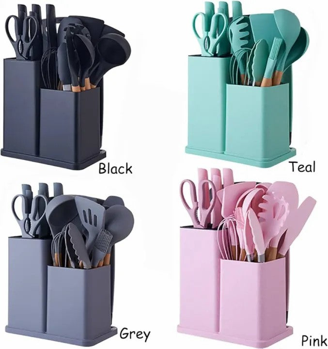 19Pcs Heat Resistant Silicone Kitchenware Cooking Utensils and Knife Set with Cutting Board and Tools Storage Box
