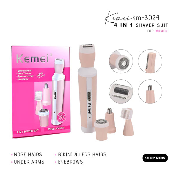 4-in-1 Rechargeable Hair Remover Shaver for Women - Women's Epilator - Kemei KM-3024 - Electric Epilator & Shaver Suit for Women - Hair removal device for girls