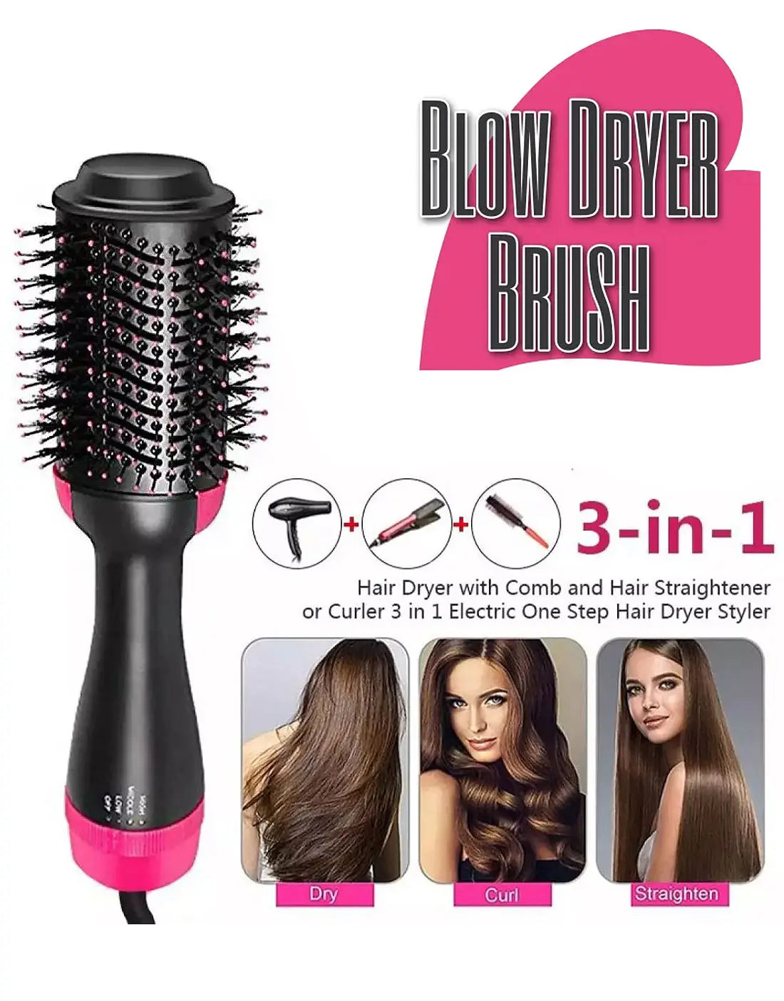 One Step 3 in 1 Hair Dryer, Hair straightener, Hair Curler And Volumizer for Ladies - Hot Hair Straightening Brush for Women - Hair Styler - Hot Air Brush